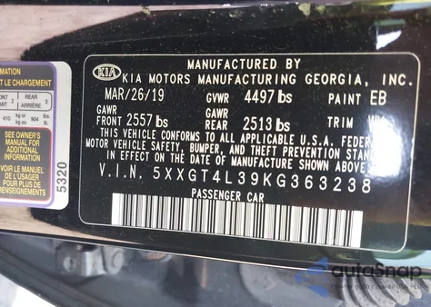 2019 Kia Optima S z USA, uszkodzony, nr VIN 5XXGT4L39KG363238